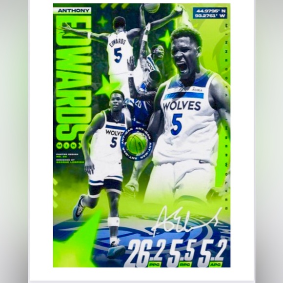 NEW! ANTHONY EDWARDS MINNESOTA COLOR ART SELF-CREATED ULTRA GLOSSY 8.5x11 POSTER - Picture 4 of 4